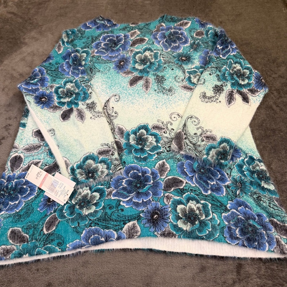 Ruby Rd Floral Eyelash Knit Sweater Womens 2X Blue Fuzzy 3/4 Sleeve NWT - Picture 4 of 9